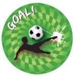 Silhouet van voetballer die een volley schiet met bal op groene abstracte achtergrond met tekst goal Borden Goal