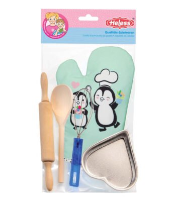 Heless speelgoed bakset met ovenwant met pinguïns, deegroller, lepel, garde en hartvormige bakvorm Bakset met Accessoires Pinguin