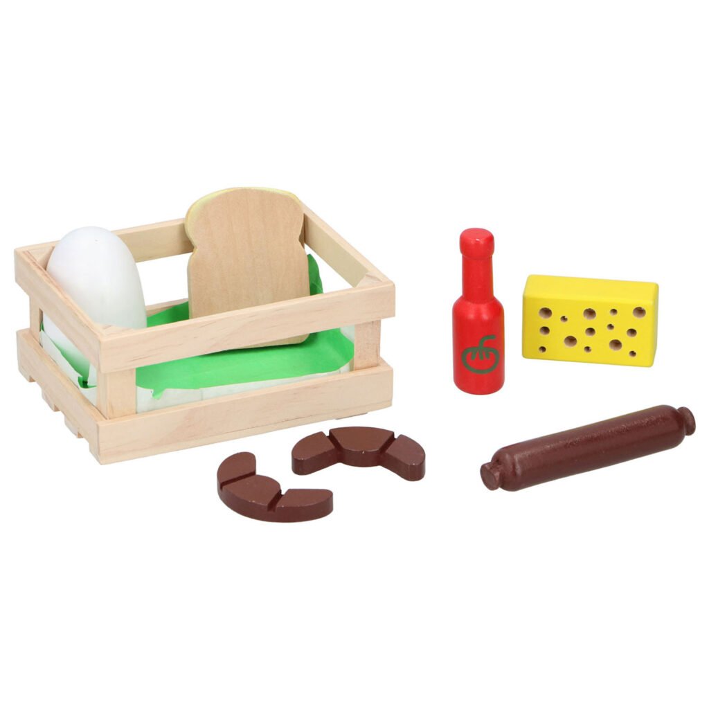 Houten speelgoed voedselset met brood, kaas, worst en fles in krat Houten Kistje Ontbijt