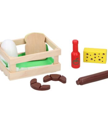 Houten speelgoed voedselset met brood, kaas, worst en fles in krat Houten Kistje Ontbijt
