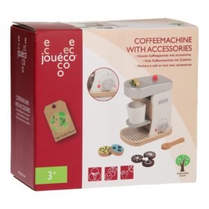 verpakking houten speelgoed koffiemachine met accessoires joueco