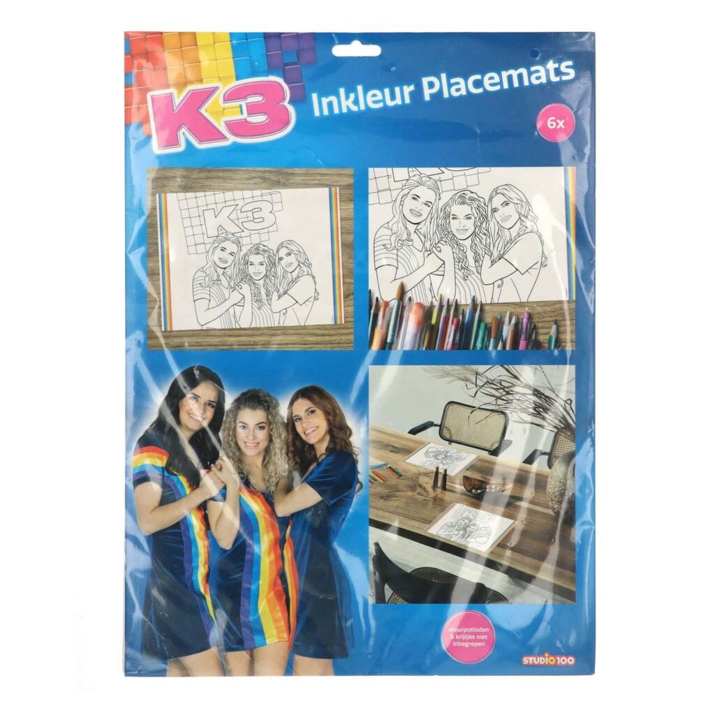 K3 Placemats Kleurplaten set 6 stuks verpakking met voorbeelden en kleurpotloden