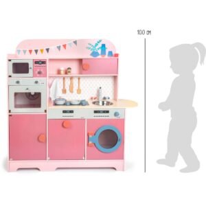 Houten kinderkeuken met hoogte indicatie 100 cm naast kind