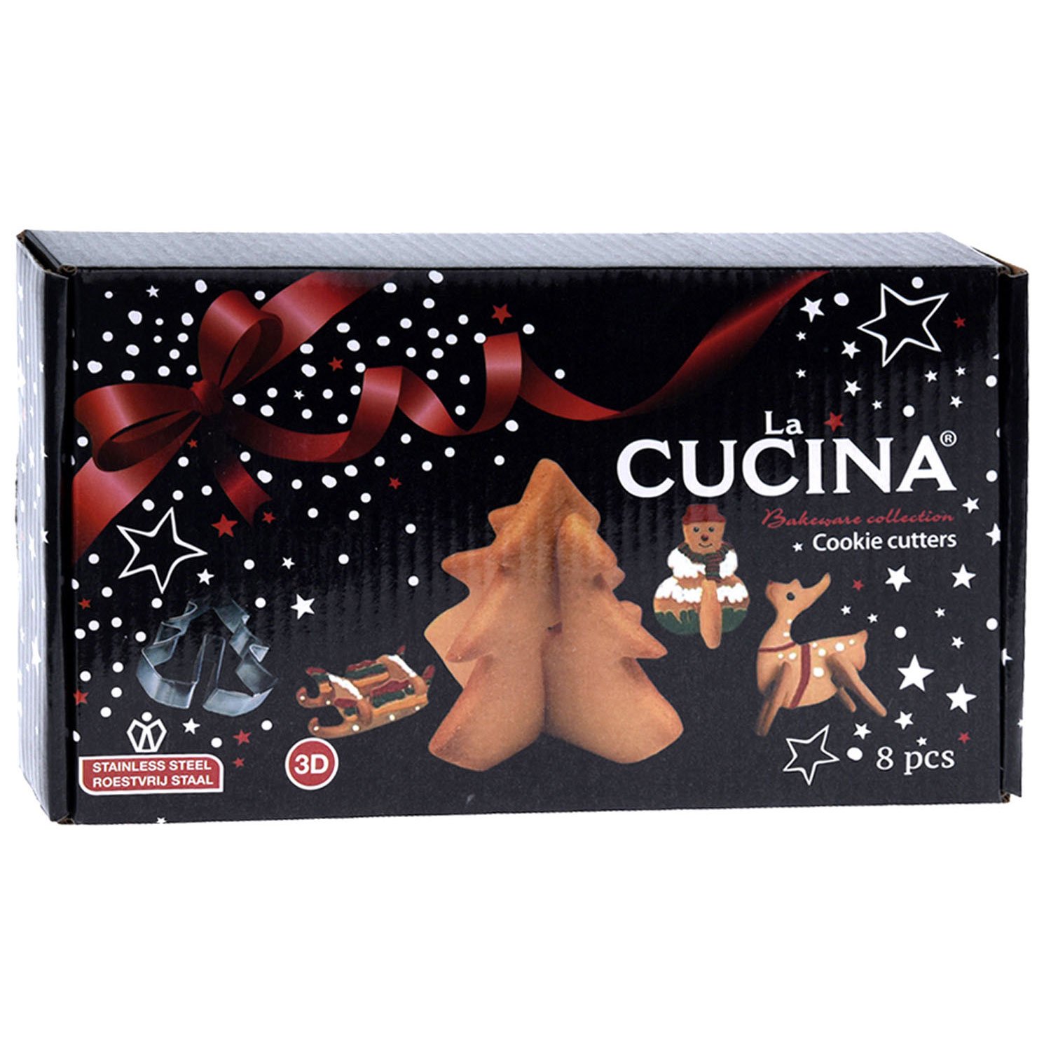 la-cucina-cookie-cutters-set-8-stuks-kerst-bakvormpjes-doos La Cucina cookie cutters set 8 stuks kerst bakvormpjes verpakking Uitsteekvormenset 3D Kerstkoekjes