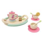 houten thee servies speelgoed set met dienblad kopjes en theepot in pastelkleuren Houten Theeservies Speelset