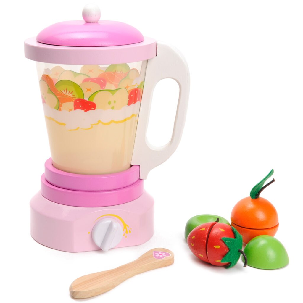 roze houten speelgoed blender met fruit en lepel close-up Mentari Houten Blender