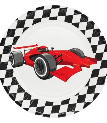 Papieren Bordjes Racen 8st. met rode raceauto en zwart wit geblokte rand