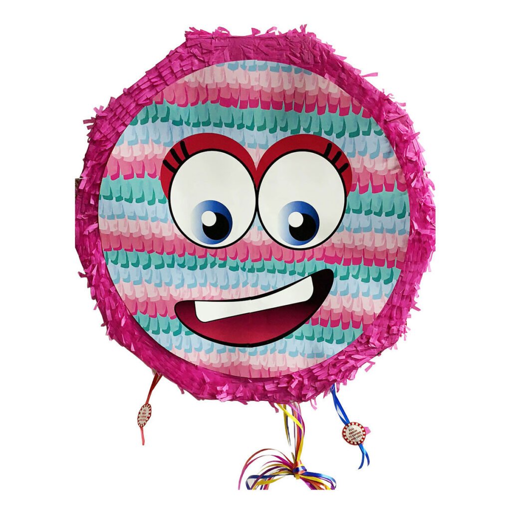 Ronde Piñata Lachgezicht Roze met ogen, mond en franjes
