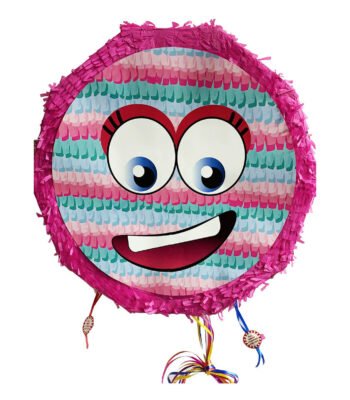 Ronde Piñata Lachgezicht Roze met ogen, mond en franjes