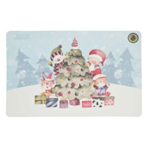 Kerst placemat met kerstboom, cadeautjes, sneeuwpop en kerstman in winterthema
