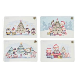 Placemat Kerst met schattige illustraties van pinguïns, sneeuwpop en kerstboom