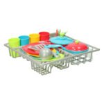 Speelgoed afwasrek gevuld met servies en kookaccessoires voor kinderen Playgo Afwasset