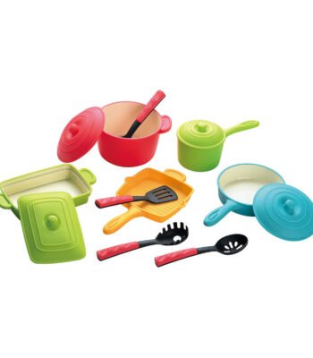Kleurrijke speelgoed pannenset met potten, pannen en keukengerei en Keukenaccessoires Speelset