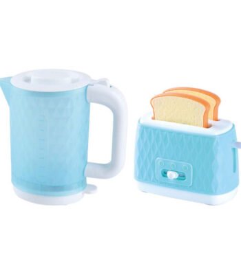 Speelgoed waterkoker en broodrooster set in pastelblauw met nep toast Playgo Speelgoed Waterkoker en Broodrooster met Brood