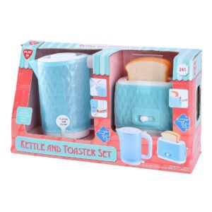 Verpakking van speelgoed waterkoker en broodrooster set met accessoires