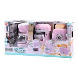 verpakking van roze speelgoed keuken set met mixer broodrooster en koffiezetapparaat