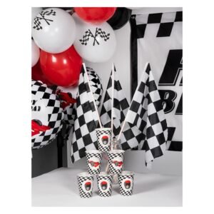 Race thema feestdecoratie met zwart-wit vlaggen en rode ballonnen