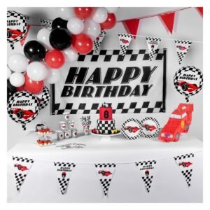 Race thema verjaardag versiering met ballonnen taart en feestdecoratie