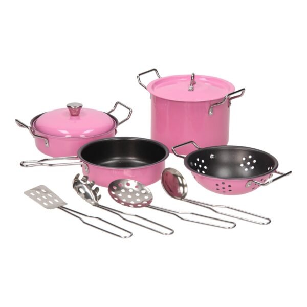 Roze speelgoed pannenset met koekenpan, pan en keukentools op witte achtergrond Roze Pannenset
