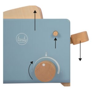 detail houten speelgoed broodrooster met draaiknop en hendel