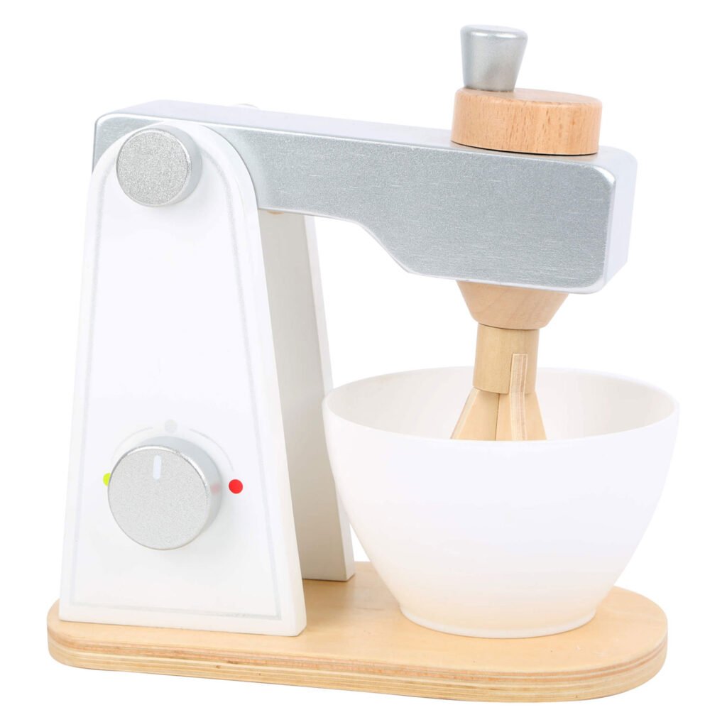 houten speelgoed keukenmixer met draaiknop en mengkom close-up Small Foot Houten Mixer Wit