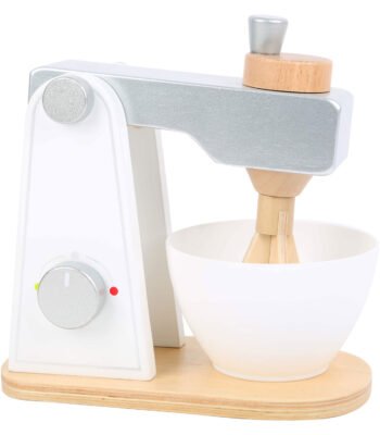 houten speelgoed keukenmixer met draaiknop en mengkom close-up Houten Mixer Wit