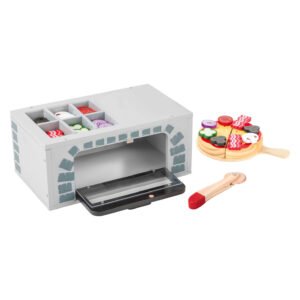 Houten pizza oven speelgoed met open deur en complete pizza set