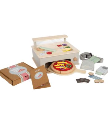 Houten pizza speelgoed set met accessoires en oven overzicht Pizzeria Set
