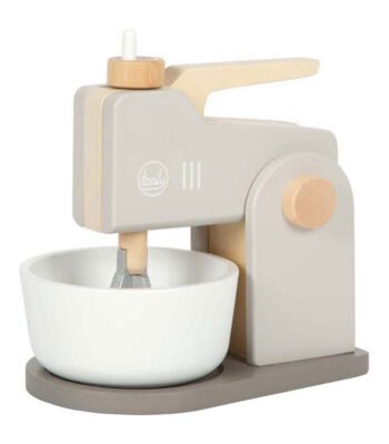 houten speelgoed keukenmixer met kom en draaimechanisme Houten Mixer Speelset Grijs