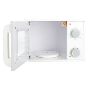 open houten speelgoed oven met draaiplateau en knoppen