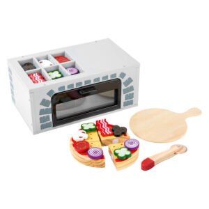 Speelgoed pizza oven met gesneden pizza en houten schep Small Foot Houten Speeleten Pizzaoven Set