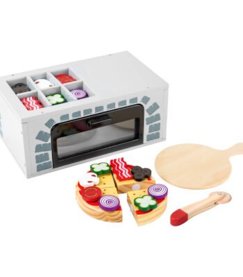 Speelgoed pizza oven met gesneden pizza en houten schep Houten Speeleten Pizzaoven Set