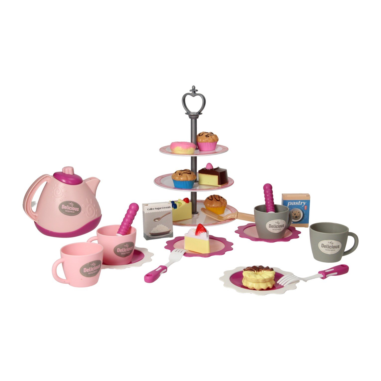 speelgoed-dessert-theeset-etagere-cupcakes-roze-kinderset speelgoed dessert theeset met etagere cupcakes en theepot roze kinderservies Speelset Desert Party