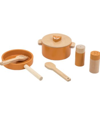 Houten speelgoed pannenset met oranje pan, deksel en keukengerei voor kinderen Trixie Houten Kookset