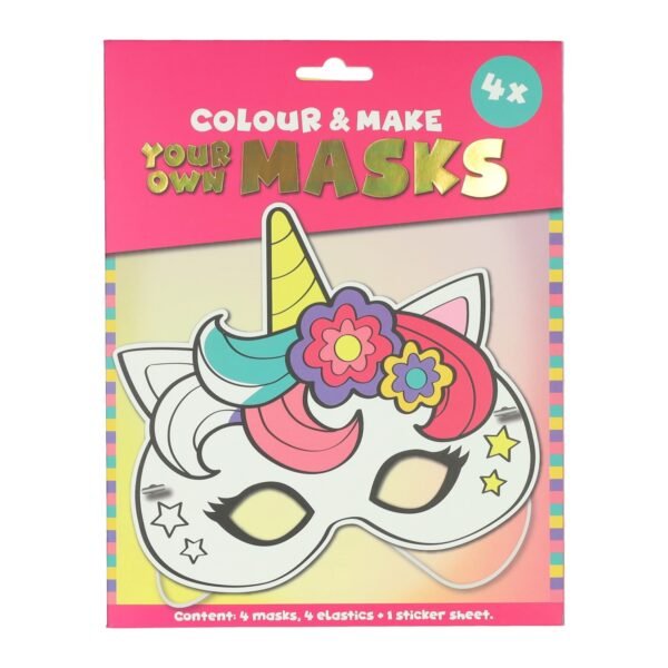 voorkant verpakking kleur en maak je eigen unicorn masker set Kleur je eigen Masker Eenhoorn
