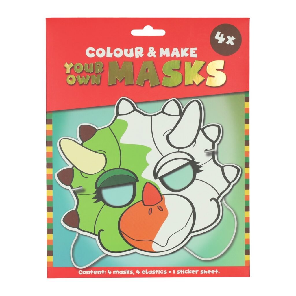 kleur en maak je eigen maskers verpakking voorkant dinosaurus masker set Kleur je eigen Masker Dino