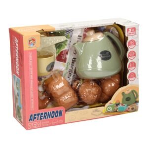 Afternoon tea speelgoedset in verpakking met theepot en gebakjes