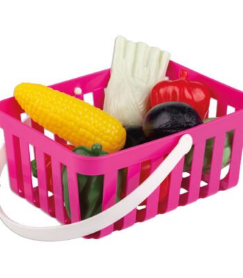 alt="Roze speelgoed boodschappenmandje met groente en maiskolf Groentenset in Winkelmandje