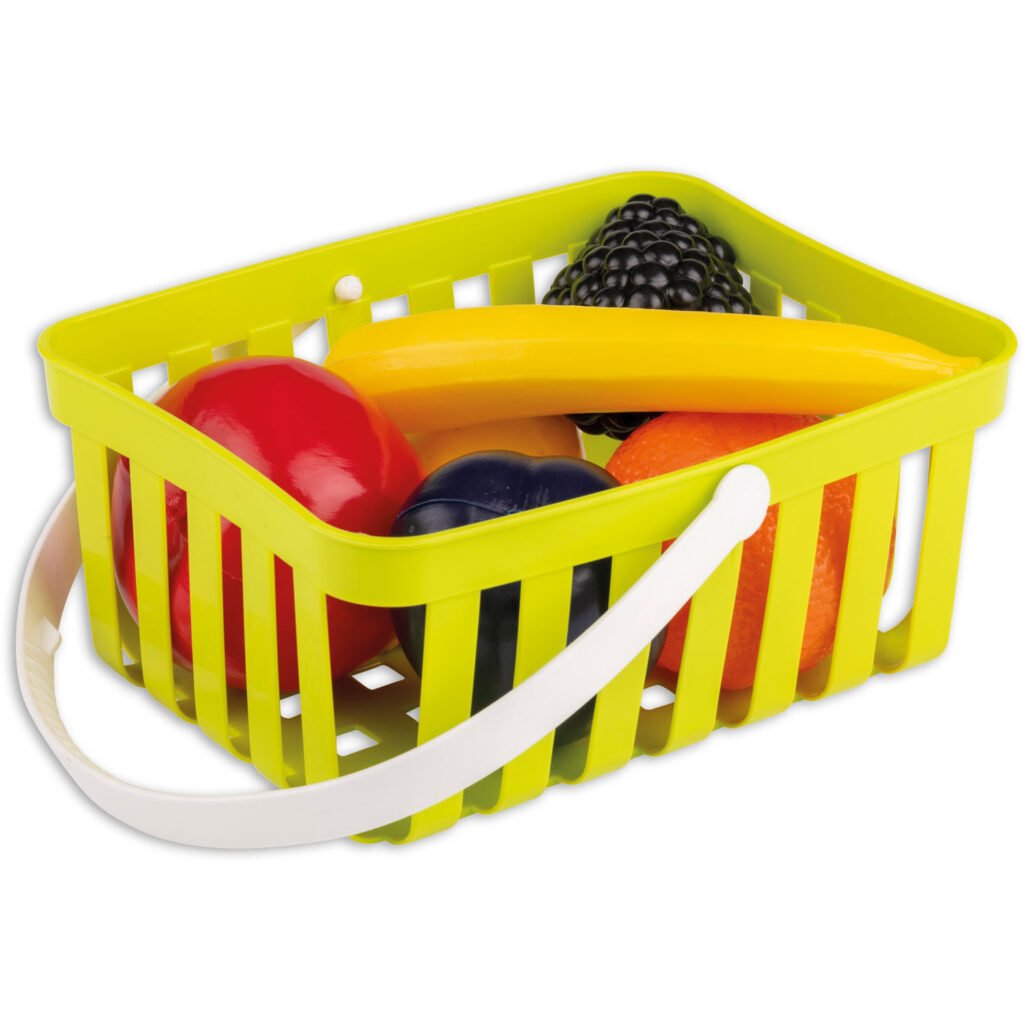 Speelgoed fruit in gele winkelmand met banaan, sinaasappel en bramen Fruitset in Winkelmandje