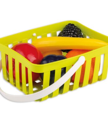 Speelgoed fruit in gele winkelmand met banaan, sinaasappel en bramen Fruitset in Winkelmandje