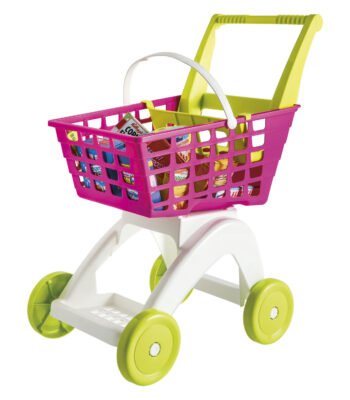 Speelgoed winkelwagen met roze mandje en groene wielen Winkelwagen Boodschappen