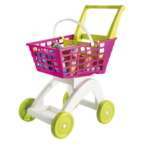 Speelgoed winkelwagen met roze mandje en groene wielen Winkelwagen Boodschappen