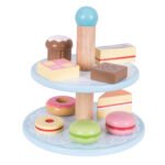 Blauwe houten cake stand met houten speelgoed taartjes Bigjigs Houten Etagere met Taartjes