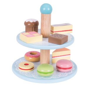 Blauwe houten cake stand met houten speelgoed taartjes Bigjigs Houten Etagere met Taartjes