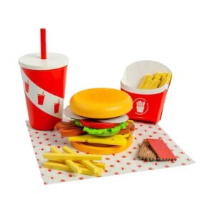 Houten fastfood speelgoedset met burger, friet en beker