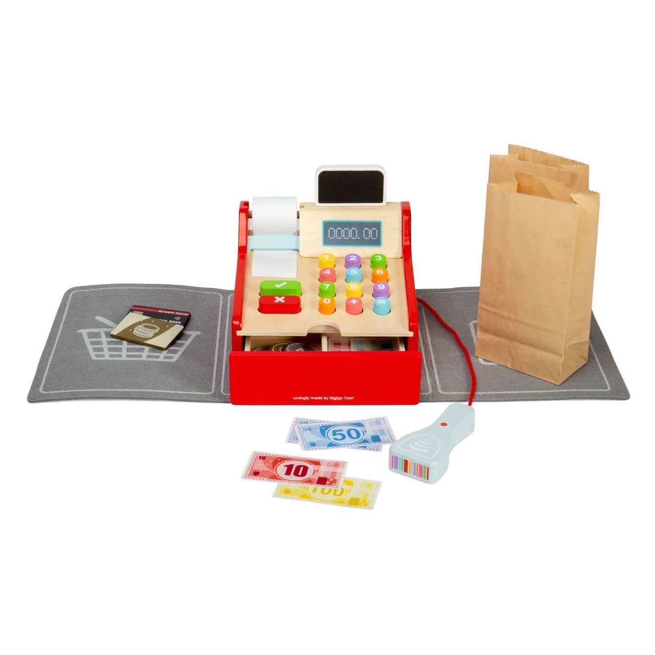 bigjigs-houten-kassaspeelgoed-speelgeld-accessoires Houten kassaspeelgoed met speelgeld en winkelaccessoires Bigjigs Houten Kassa