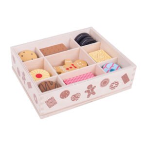 Houten koekjes sorteerset met speelkoekjes en opbergdoos voor kinderen