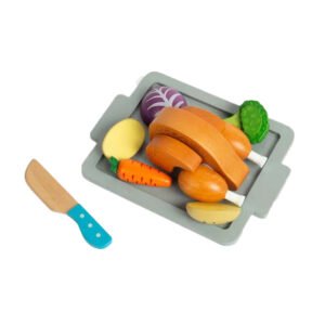 Houten speelgoed eten snijset met mes en dienblad