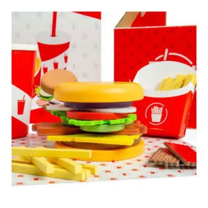 Houten speelgoed fastfood set met hamburger, friet en milkshake