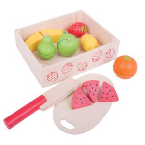 Houten speelgoed fruit set met snijplank en speelgoedmes Bigjigs Houten Kistje met Snijfruit